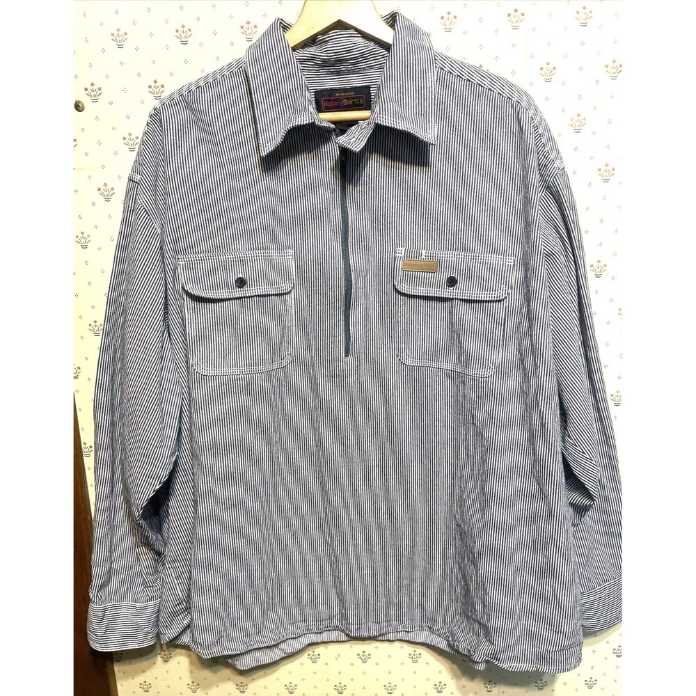 Vintage Train Conductor Style Shirt 2XL Navy Pinstripe Heavy Cotton